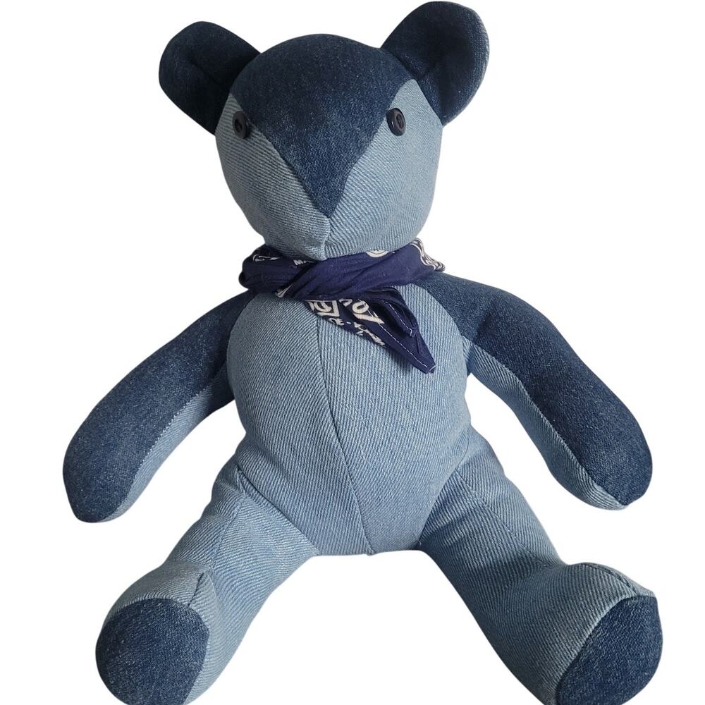 Denim Patchwork Teddy Bear Plush With Bandana Scarf Blue Jean Stuffed 12"